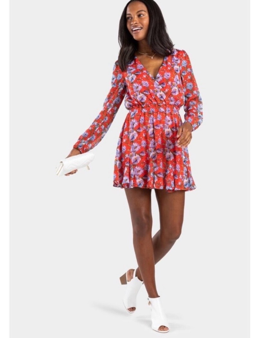 Trixxi Floral V-Neck Long-Sleeve Mini Dress